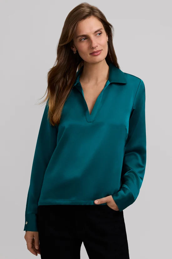 Talia Silk Long Sleeve Polo Top, Emerald