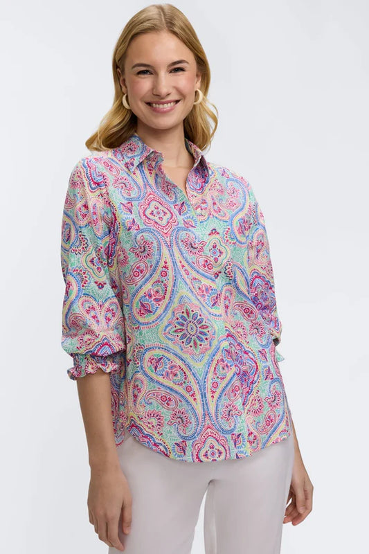 Olivia Paisley Linen 3/4 Sleeve Shirt, Multi