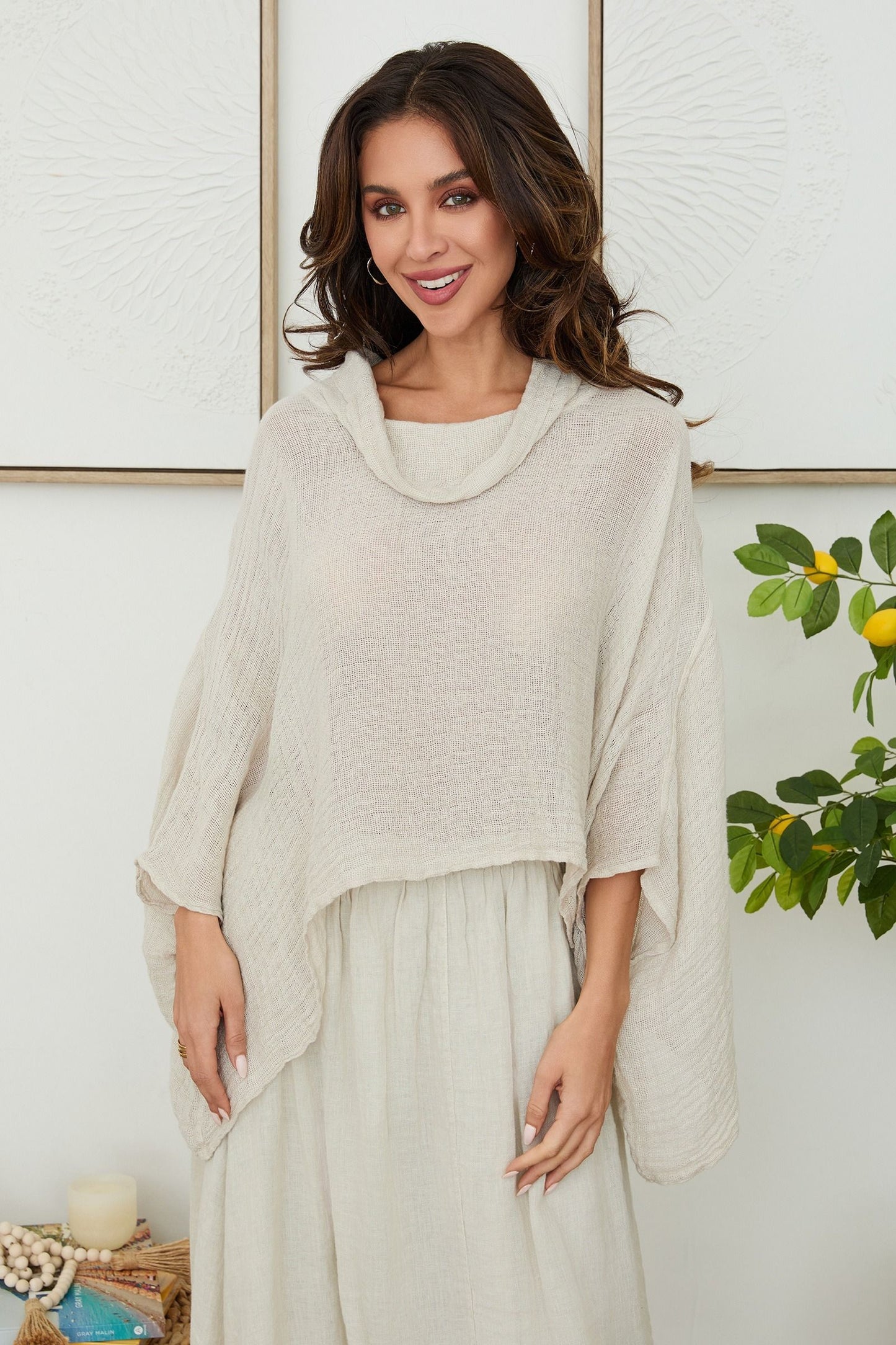 Linen Cowl Neck Poncho Shirt, Beige