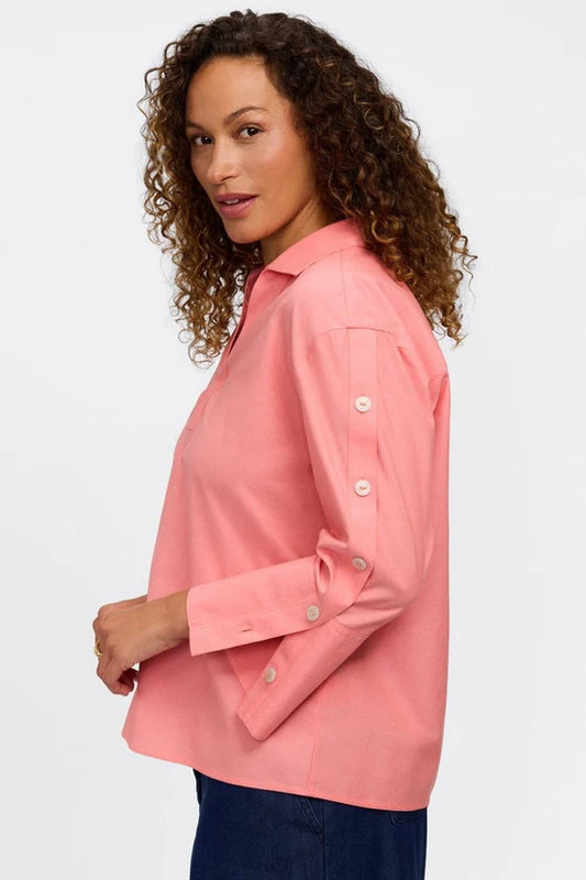 Lainey 3/4 Button Popover Shirt, Coral Reef
