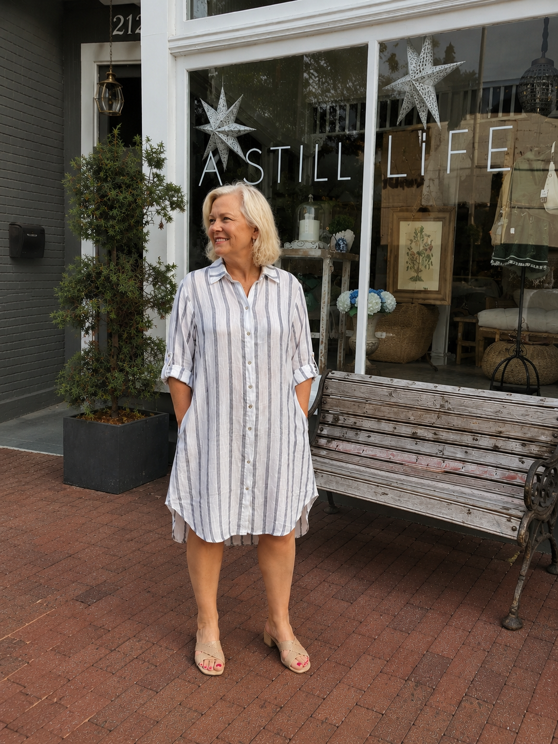 Button Down Stripped Tunic Dress, White & Blue