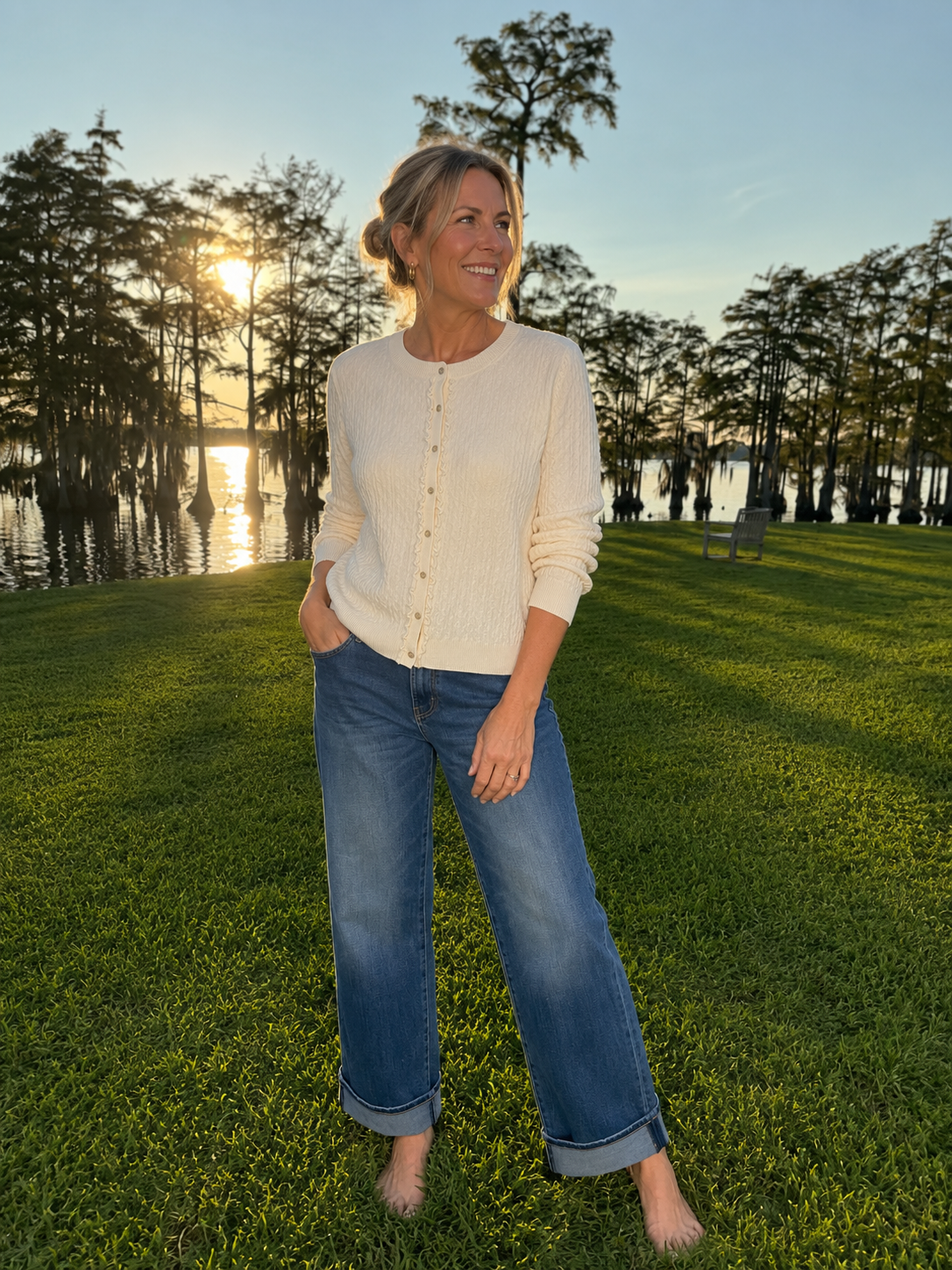 Button Front Cardigan Sweater W/ Ruffles, Cream