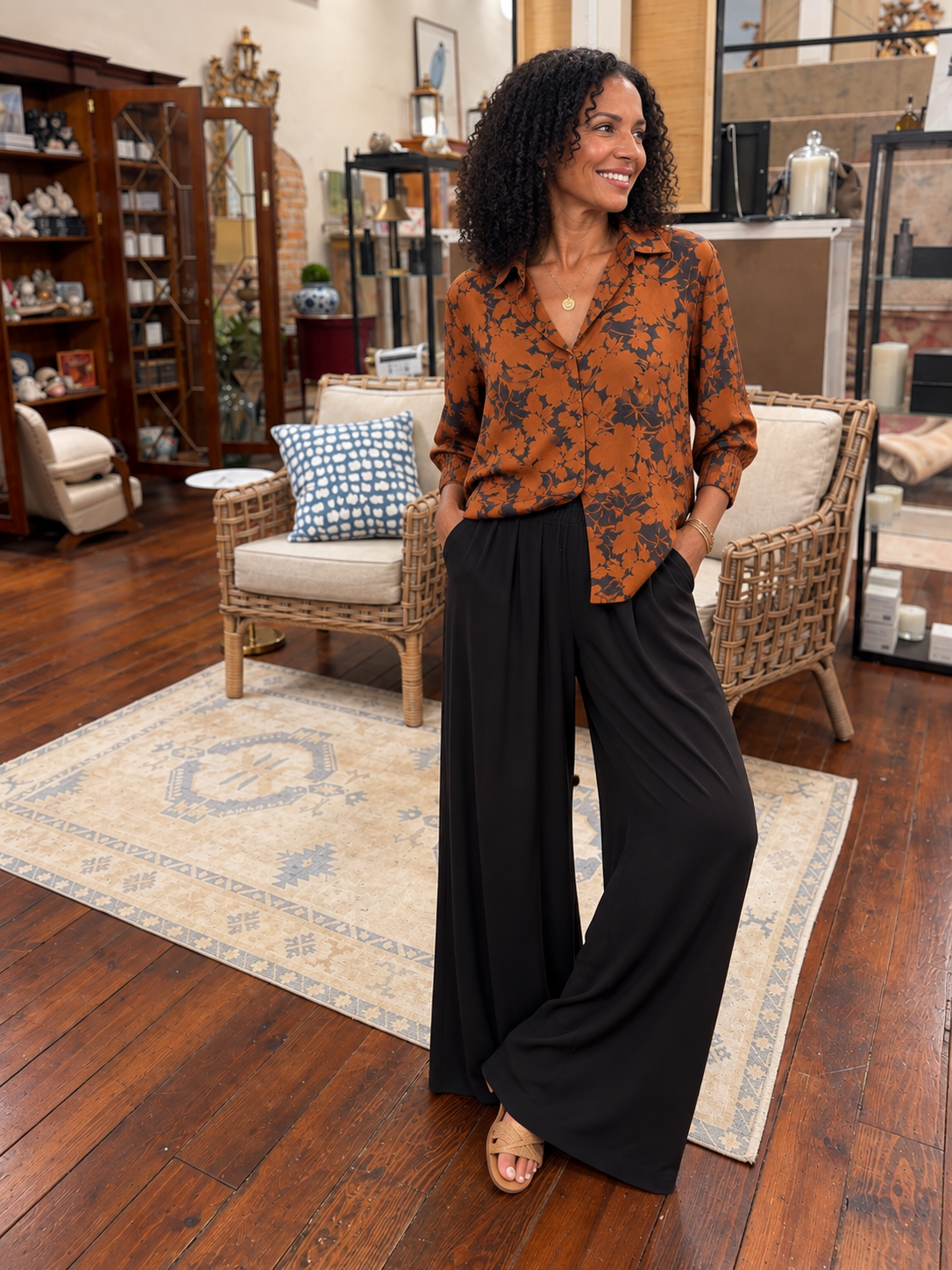 Button Front Woven Blouse, black copper floral