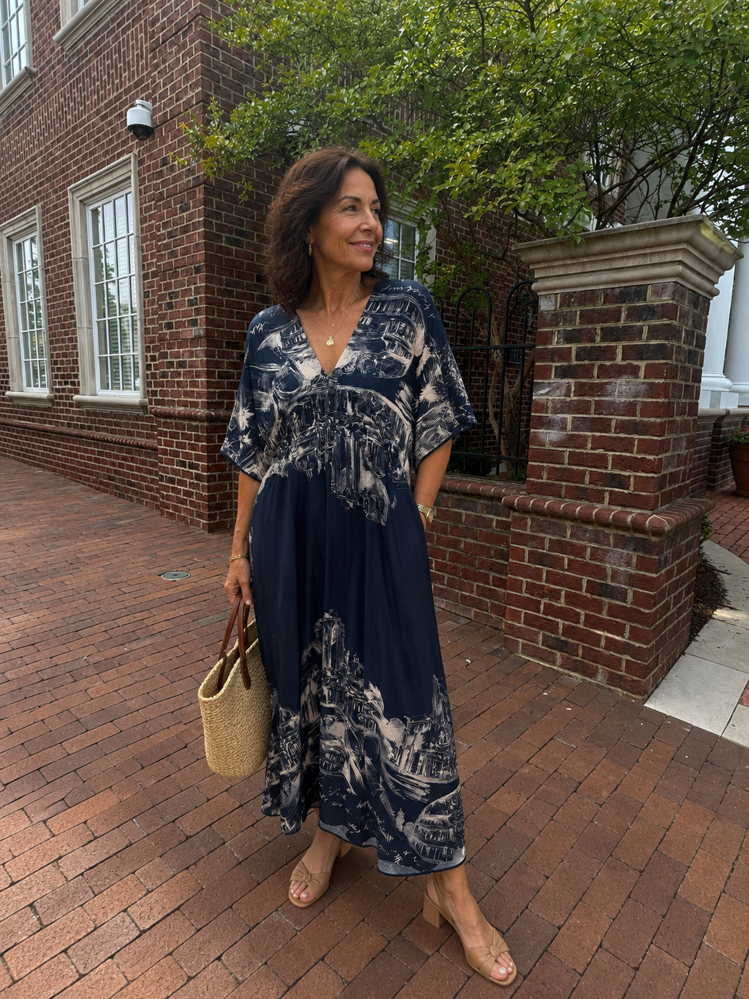 Colosseum Rome Print Kaftan Dress, Navy