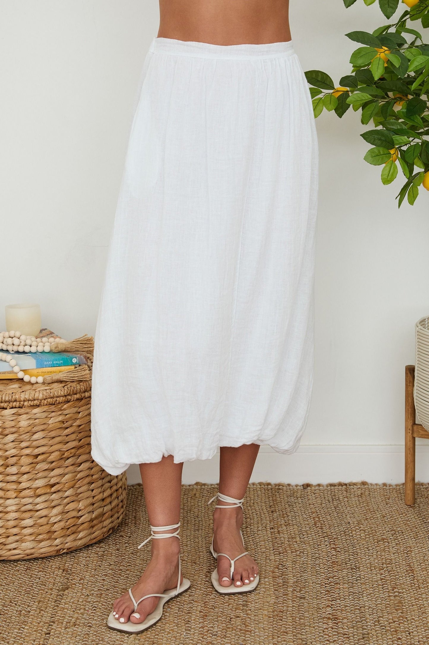 Linen Bubble Hem Skirt. White