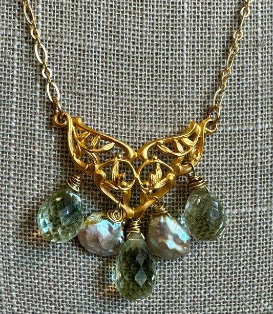 One of a Kind, Vintage, Gold-Vermeil, Filigree Fixture, w/ Green Keshi Pearls