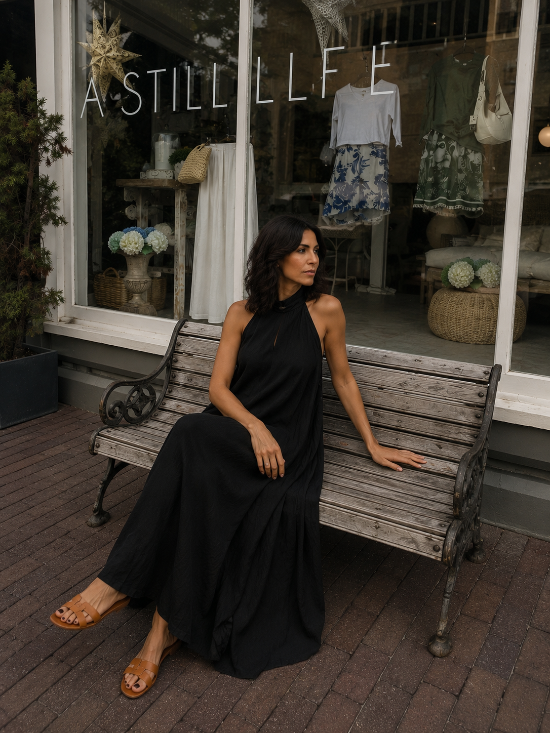 Solid Linen Mock Neck Maxi Dress, Black