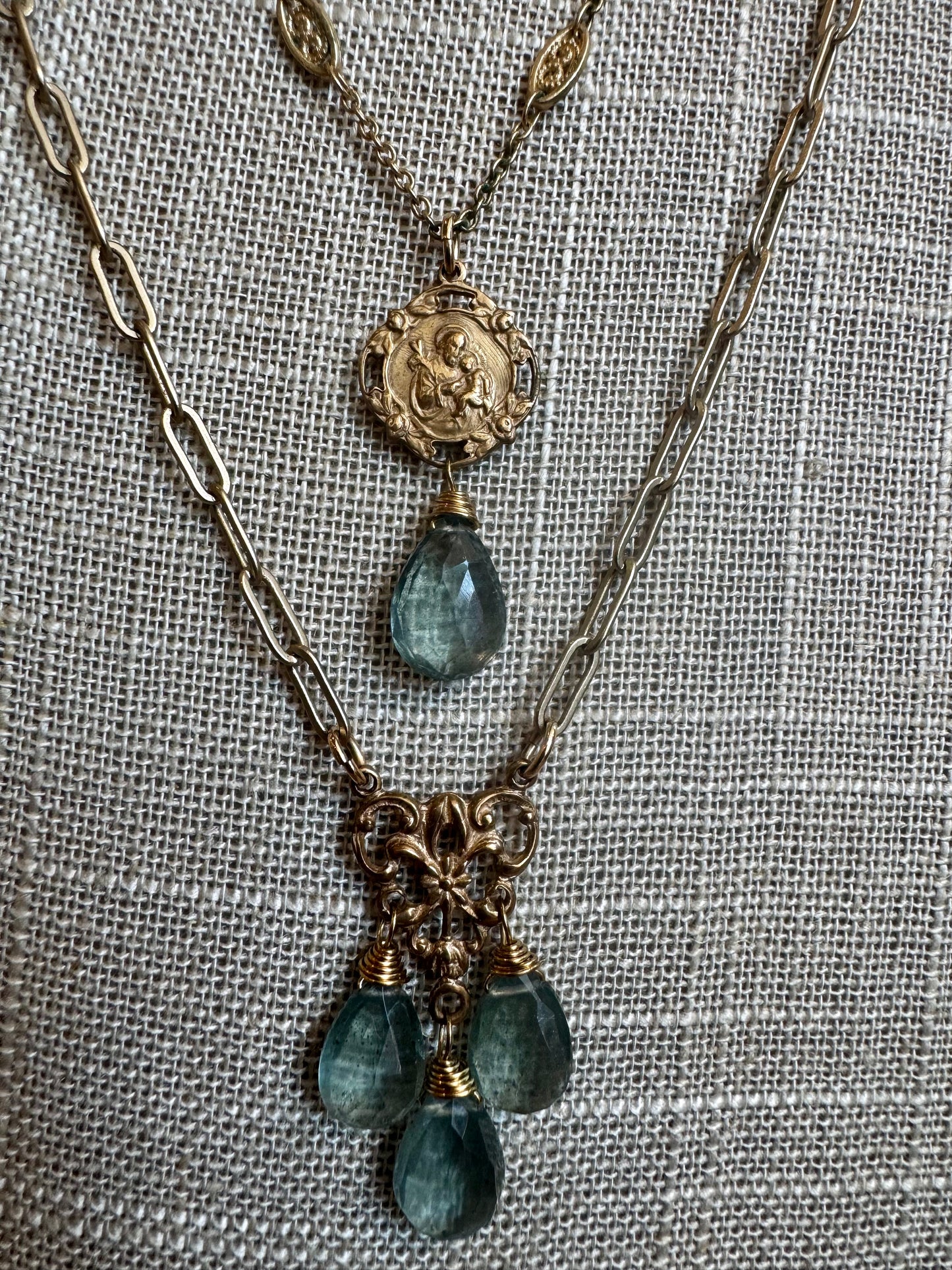 2-Tiered Necklace, St. Christopher & Watch FOB Fixtures with Dangling Moss Aquamarine Briolettes