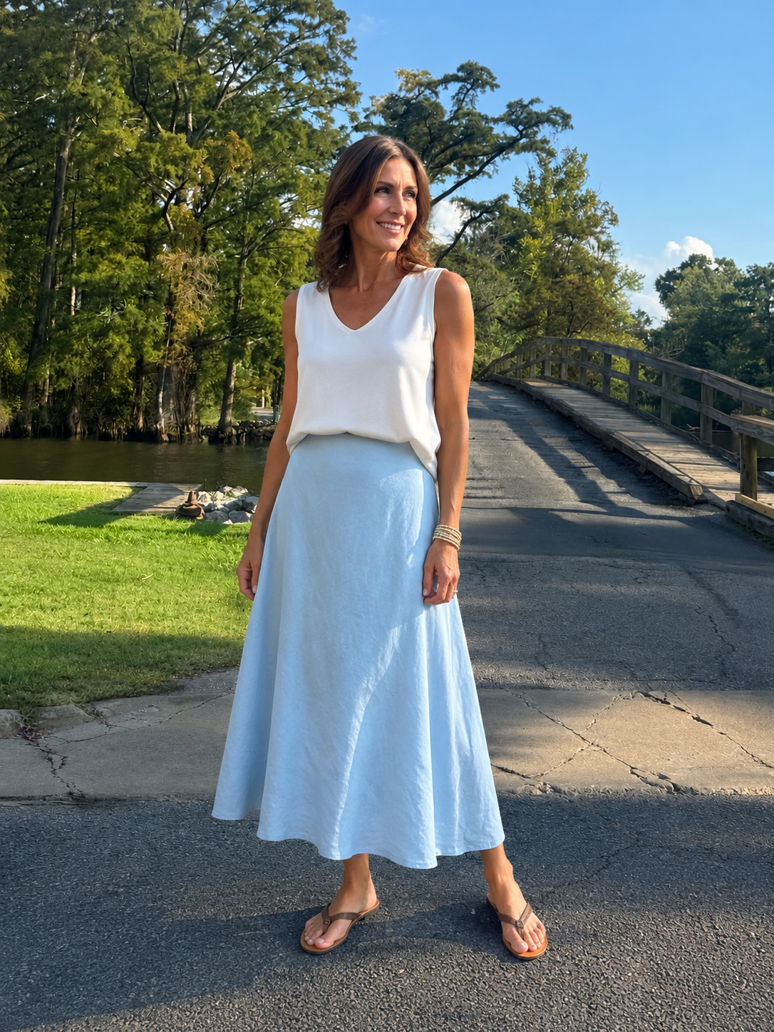 Crinkle Linen Midi Skirt, Blue