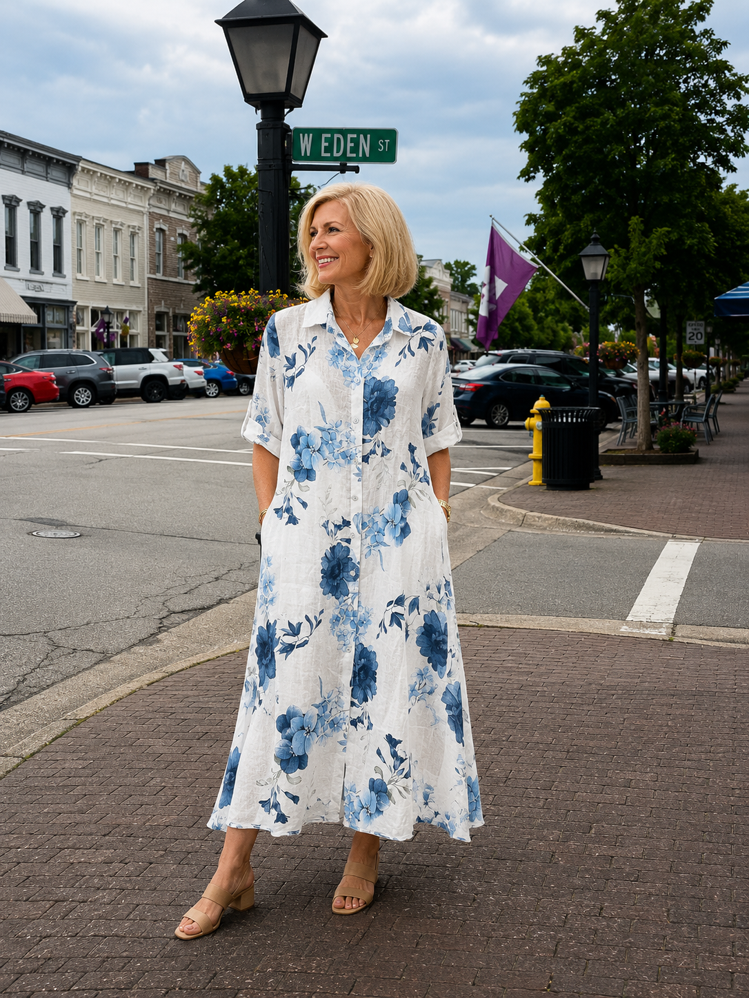 Gardenia Print Button Down Tunic Dress, White & Blue