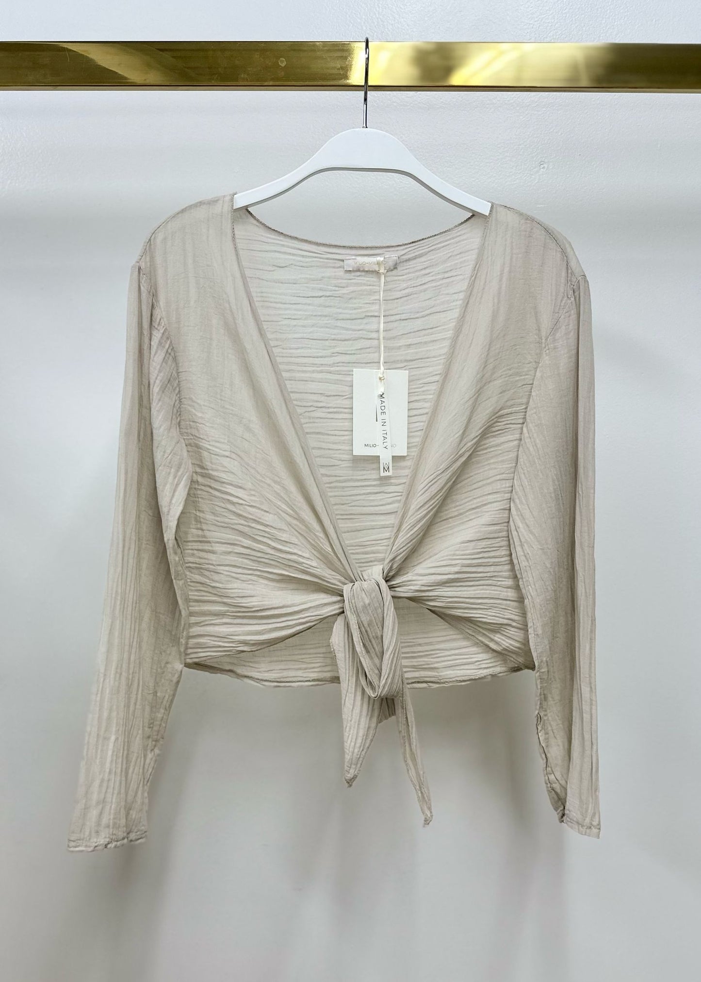 Cotton Long Sleeve Tie Shirt, Beige