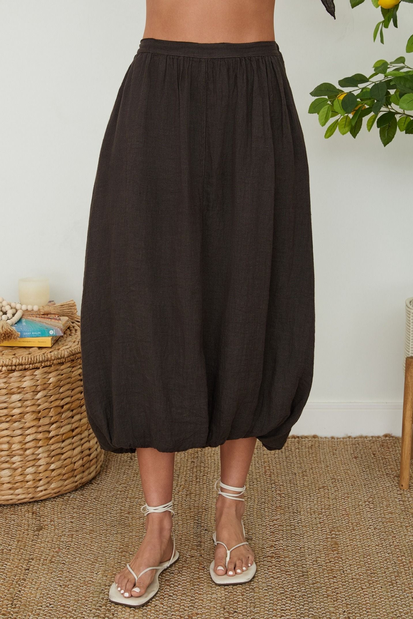 Linen Bubble Hem Skirt, Chocolate Brown