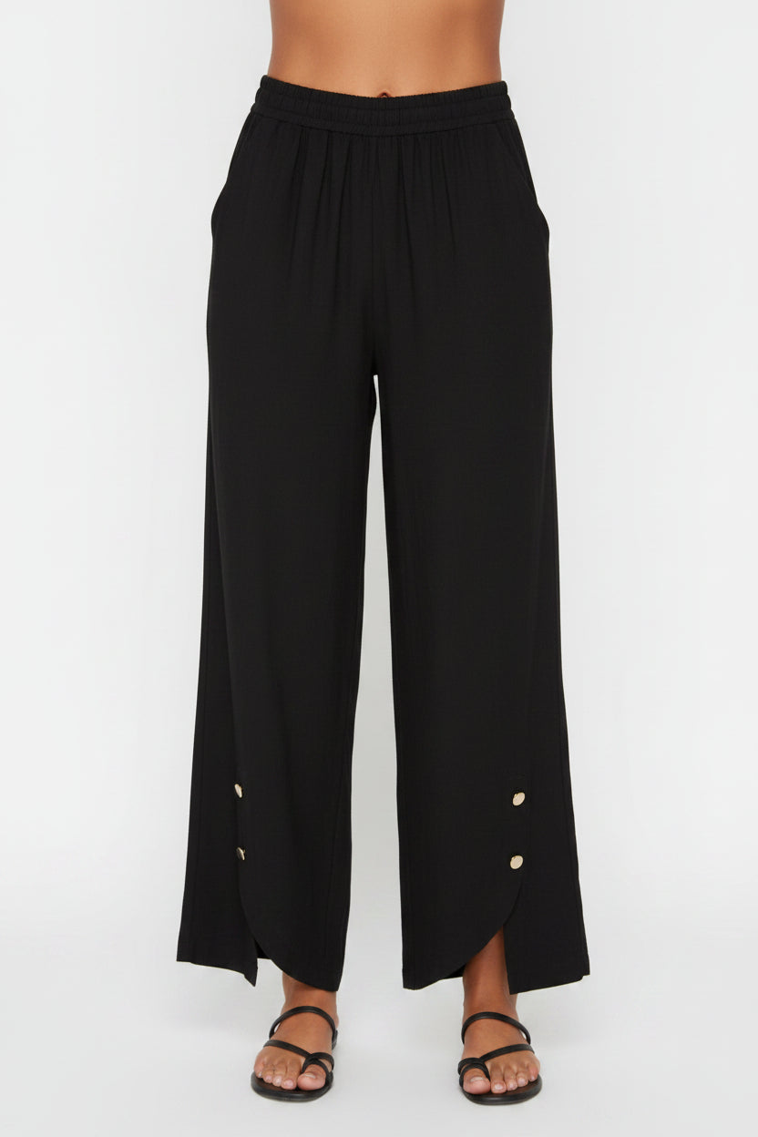 2-Button Hem Wide Leg Linen Pants, Black