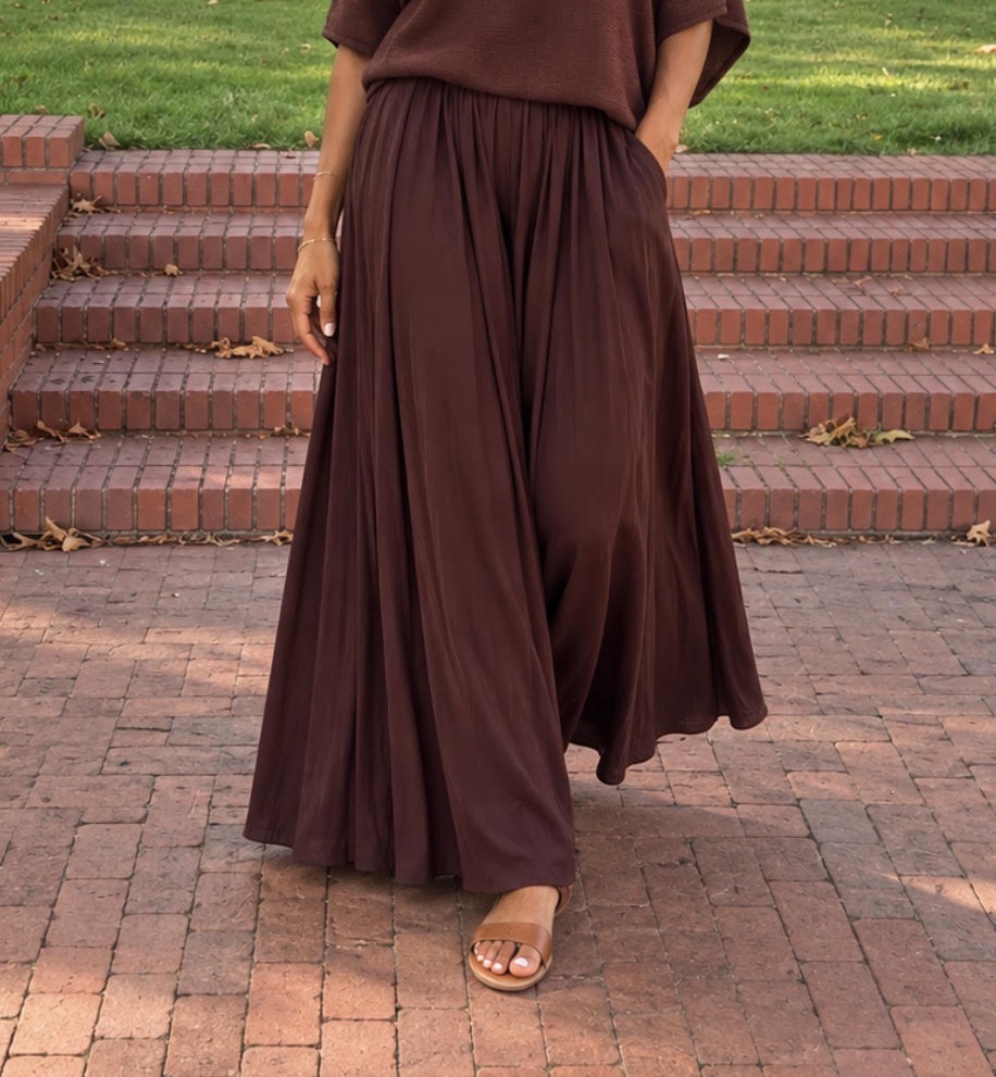 Elastic Waist Silky Maxi Skirt, Wine
