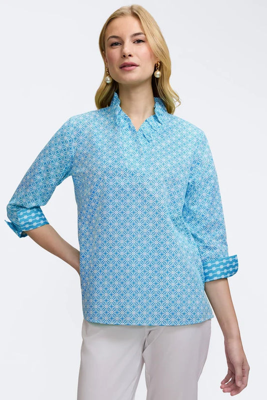 Tammy Geo Lattice 3/4 Sleeve Popover Shirt, Blue and White