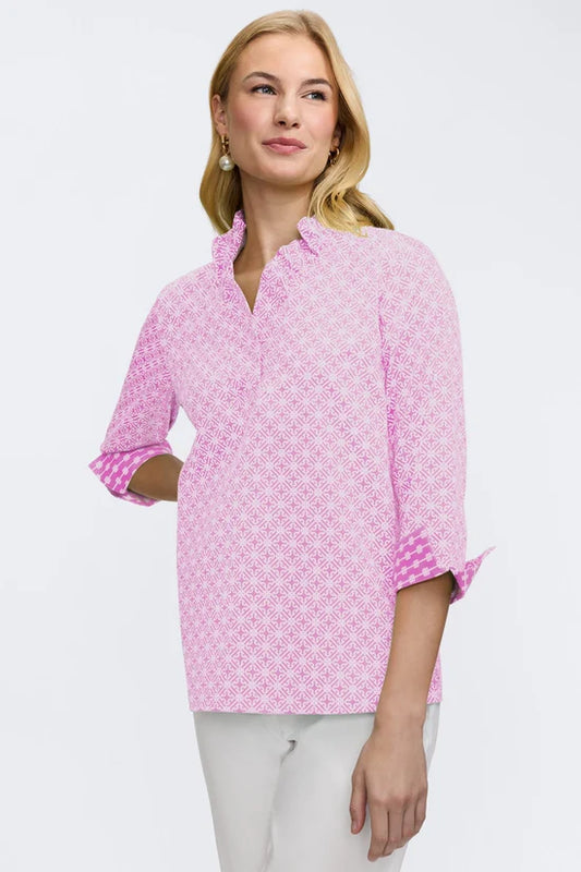 Tammy Petite Geo Lattice 3/4 Sleeve Popover Shirt, Pink and White
