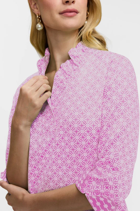 Tammy Petite Geo Lattice 3/4 Sleeve Popover Shirt, Pink and White