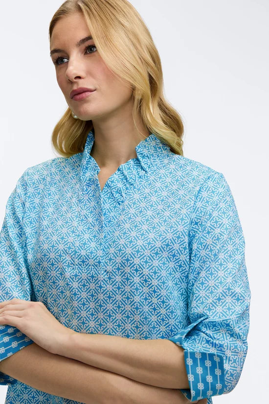 Tammy Geo Lattice 3/4 Sleeve Popover Shirt, Blue and White