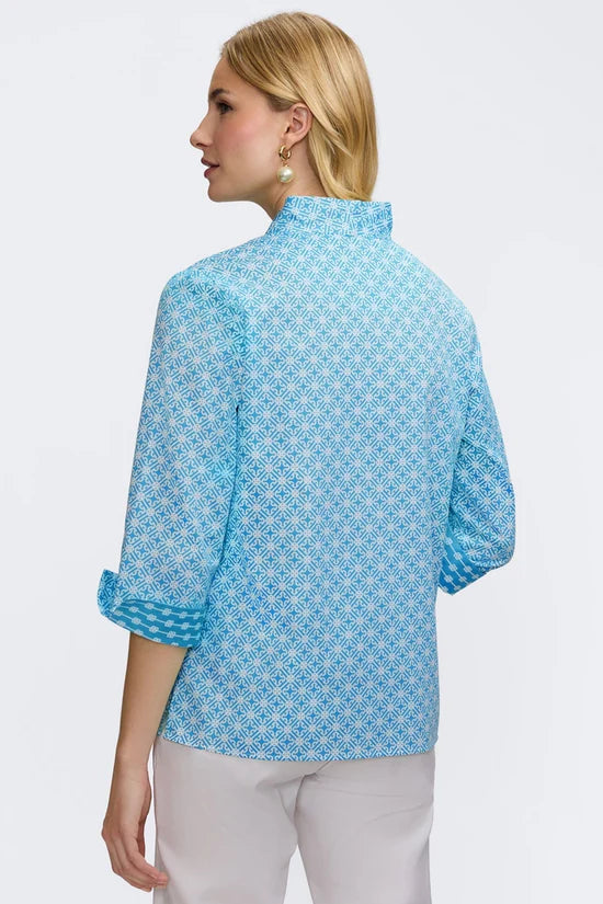 Tammy Geo Lattice 3/4 Sleeve Popover Shirt, Blue and White