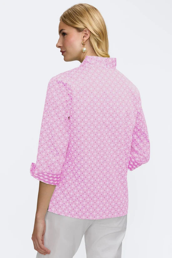 Tammy Petite Geo Lattice 3/4 Sleeve Popover Shirt, Pink and White