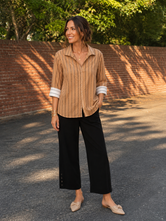 Agnes Dotted Stripe 3/4 Sleeve Shirt, Almond/Black