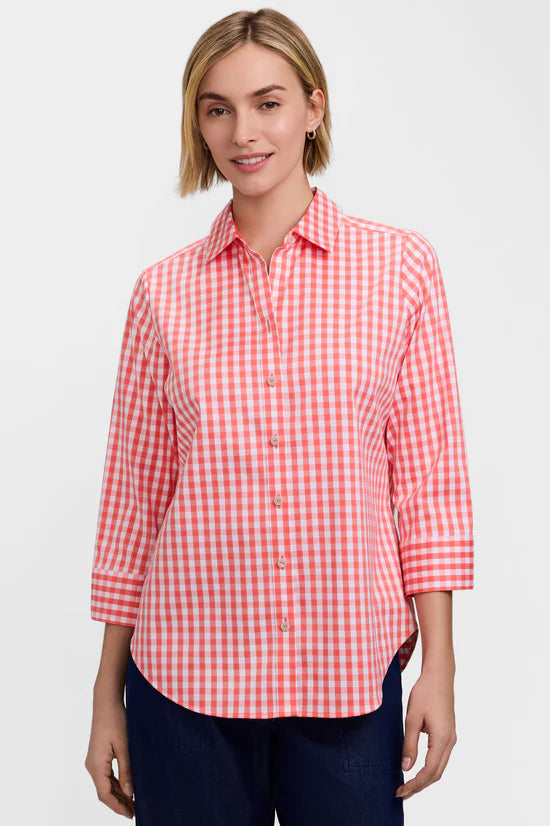 Margie Gingham Stretch Matte Sateen 3/4 Sleeve Shirt,  White and Peach