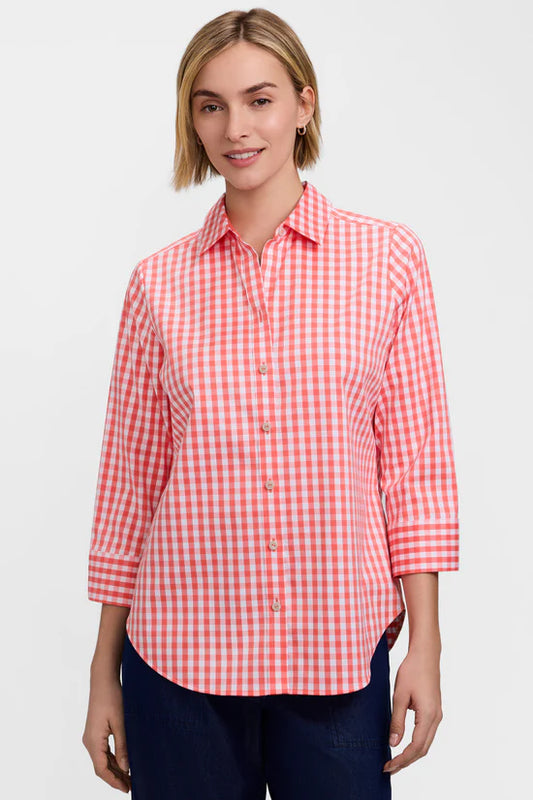 Margie Gingham Stretch Matte Sateen 3/4 Sleeve Shirt,  White and Peach