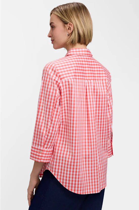 Margie Gingham Stretch Matte Sateen 3/4 Sleeve Shirt,  White and Peach