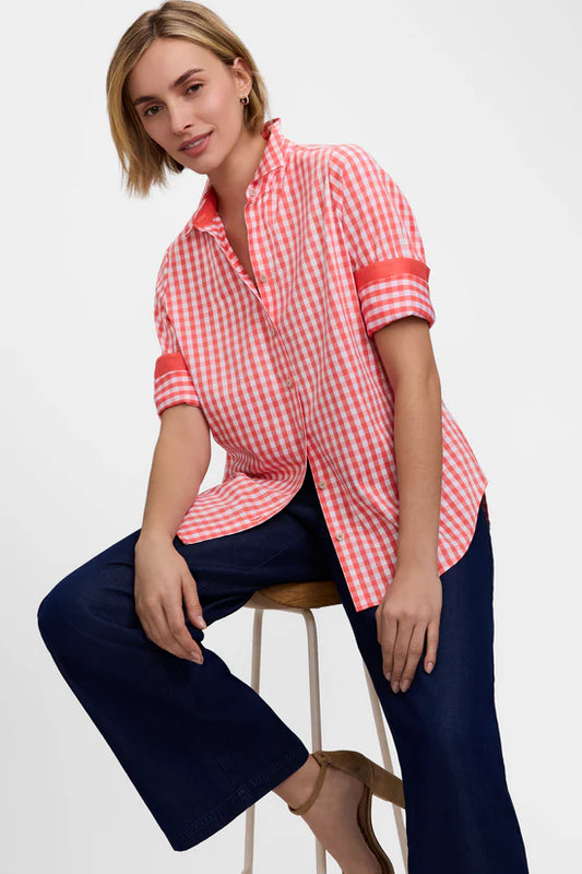 Margie Gingham Stretch Matte Sateen 3/4 Sleeve Shirt,  White and Peach