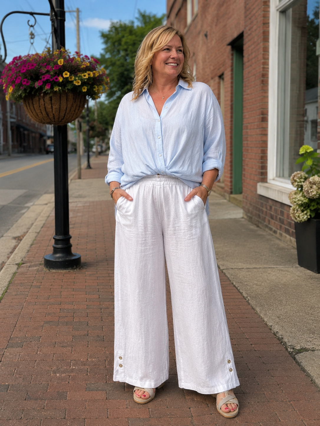 2-Button Hem Layered Wide Leg Linen Pants with Pockets, White
