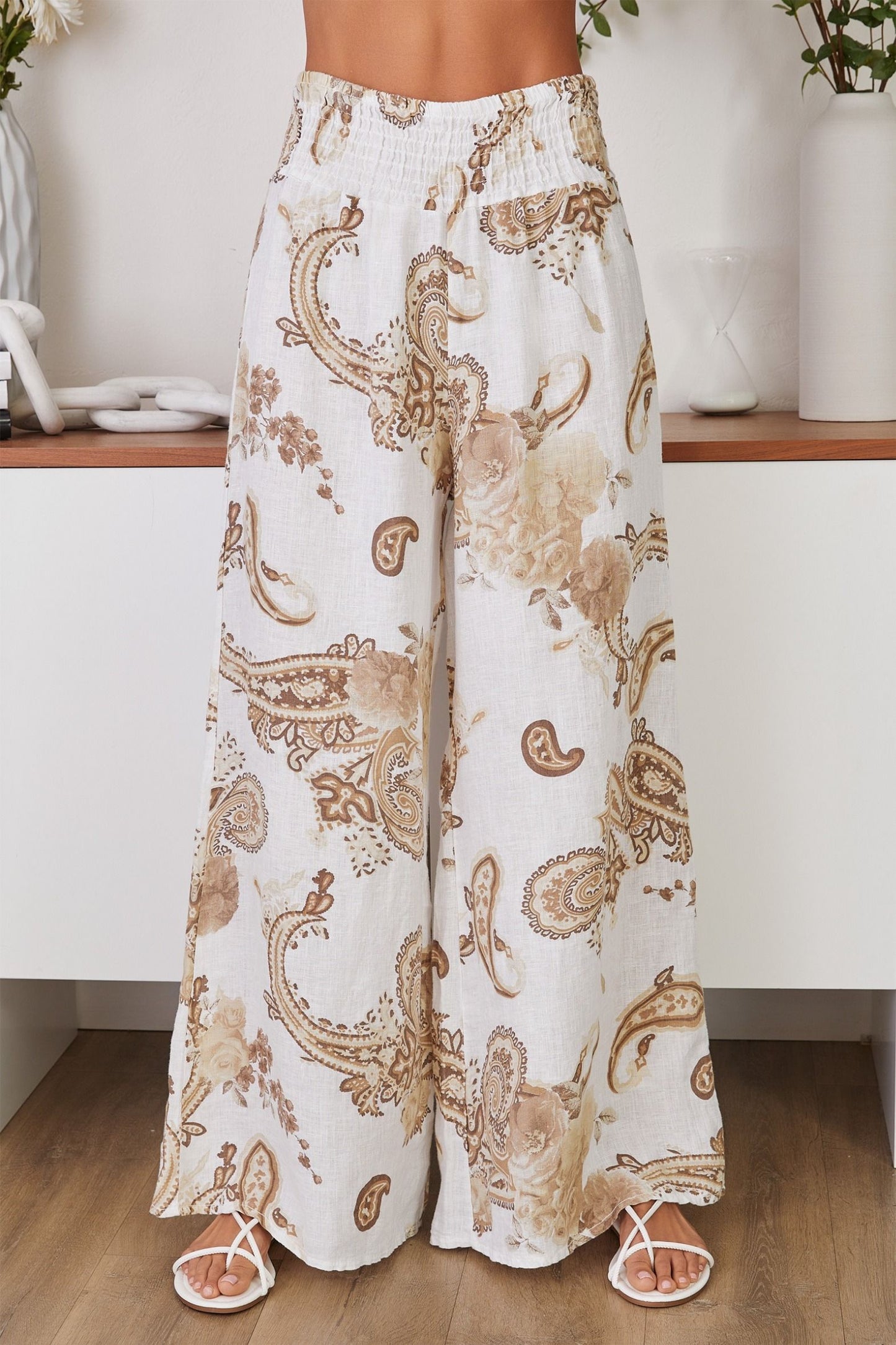 Paisley Print Linen Pant, Beige