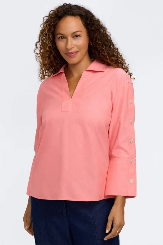 Lainey 3/4 Button Popover Shirt, Coral Reef