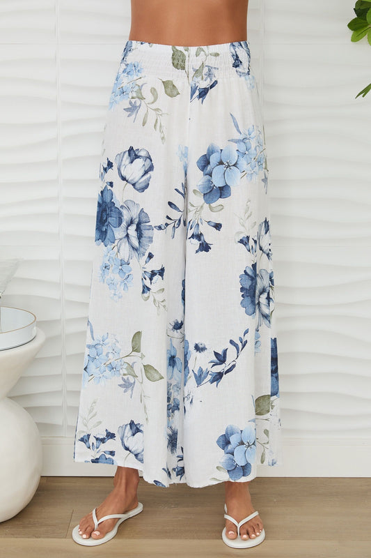 Gardenia Print Linen Pants, Blue and White