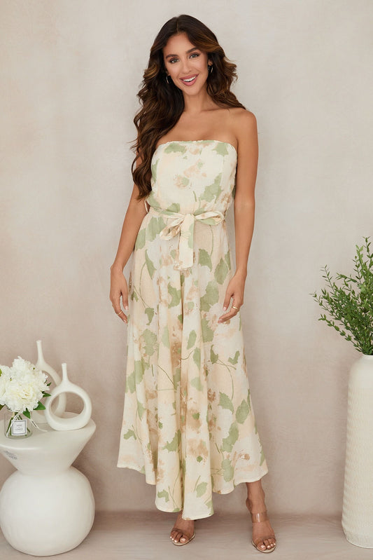 Floral Meadow Print Jumpsuit, Beige and Green