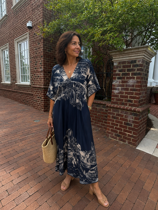 Colosseum Rome Print Kaftan Dress, Navy