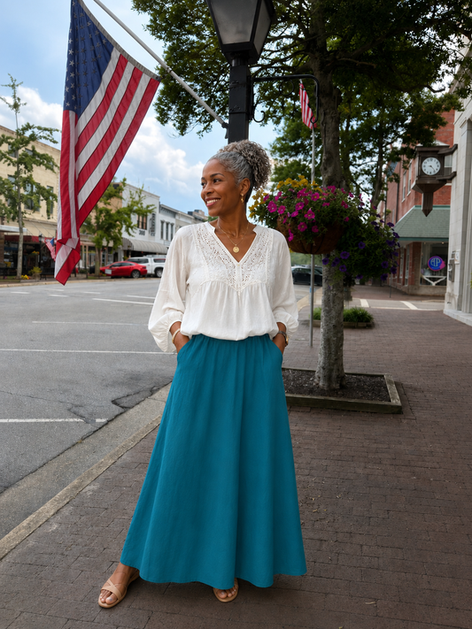 Crinkle Linen Midi Skirt, Tropical Teal