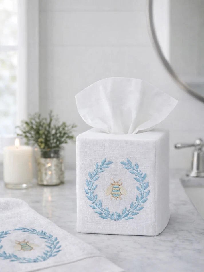 Tissue Box Cover, Napoleon Bee Wreath Aqua