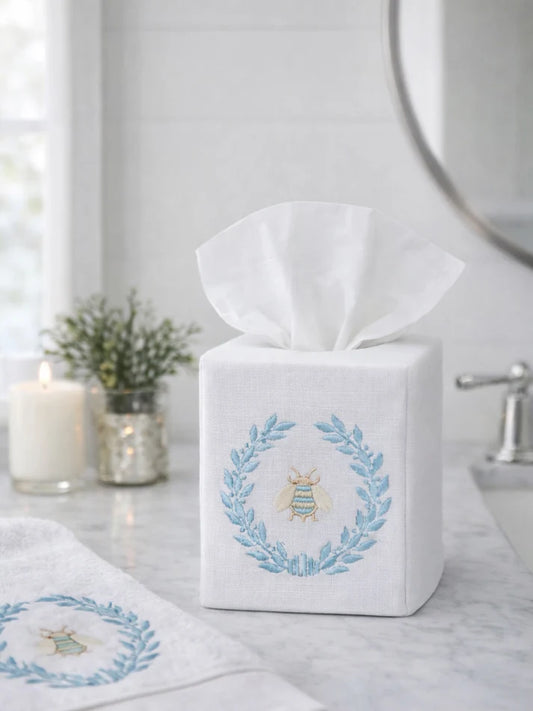 Tissue Box Cover, Napoleon Bee Wreath Aqua