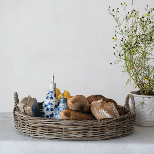 Decorative Hand-Woven Rattan Tray with Handles, Grey Washed