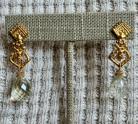 Faceted, Green Amethyst Briolette with Vintage, Gold-Vermeil Fixture Earrings