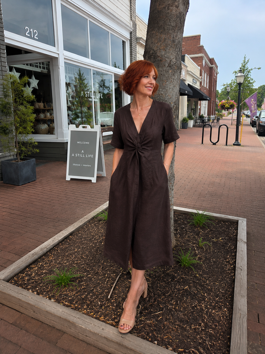 Front Twist Linen Dress, Chocolate Brown