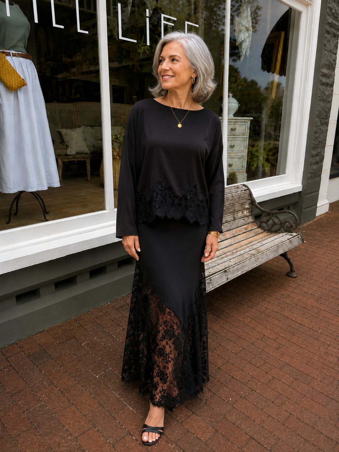 Lace Hem Viscose Crew Neck Long Sleeve, Black
