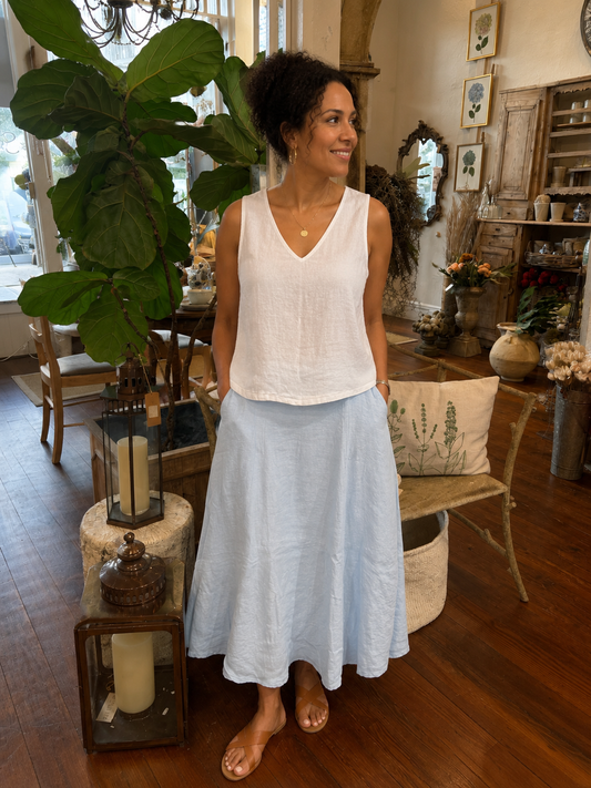 Linen Maxi Skirt with Pockets Waistband, Sky Blue