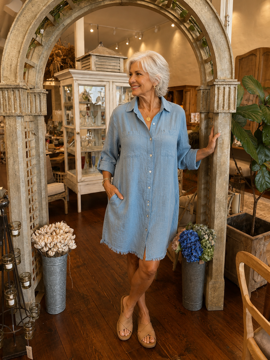 Linen Long Sleeve Button Down Dress, Blue