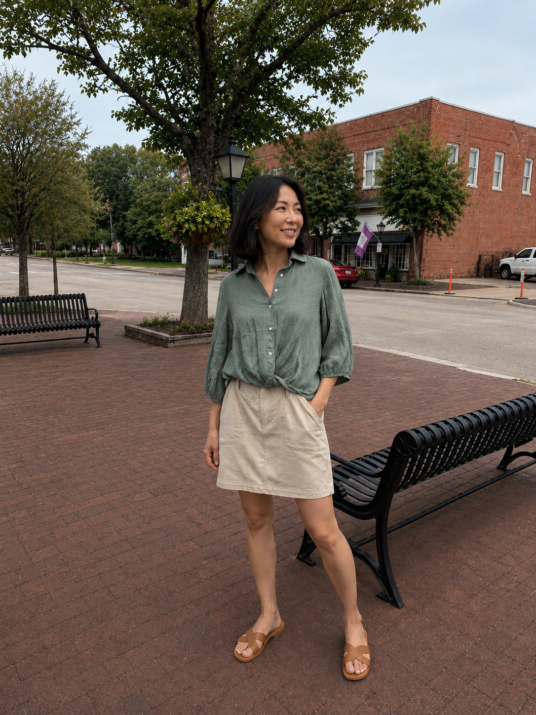 Linen Long Sleeve Front Twist Hem Henley Top, Army Green
