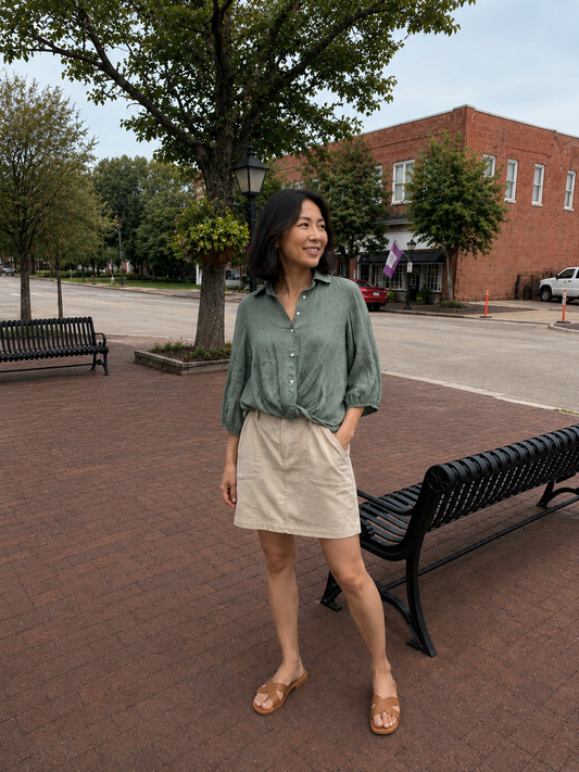 Linen Long Sleeve Front Twist Hem Henley Top, Army Green