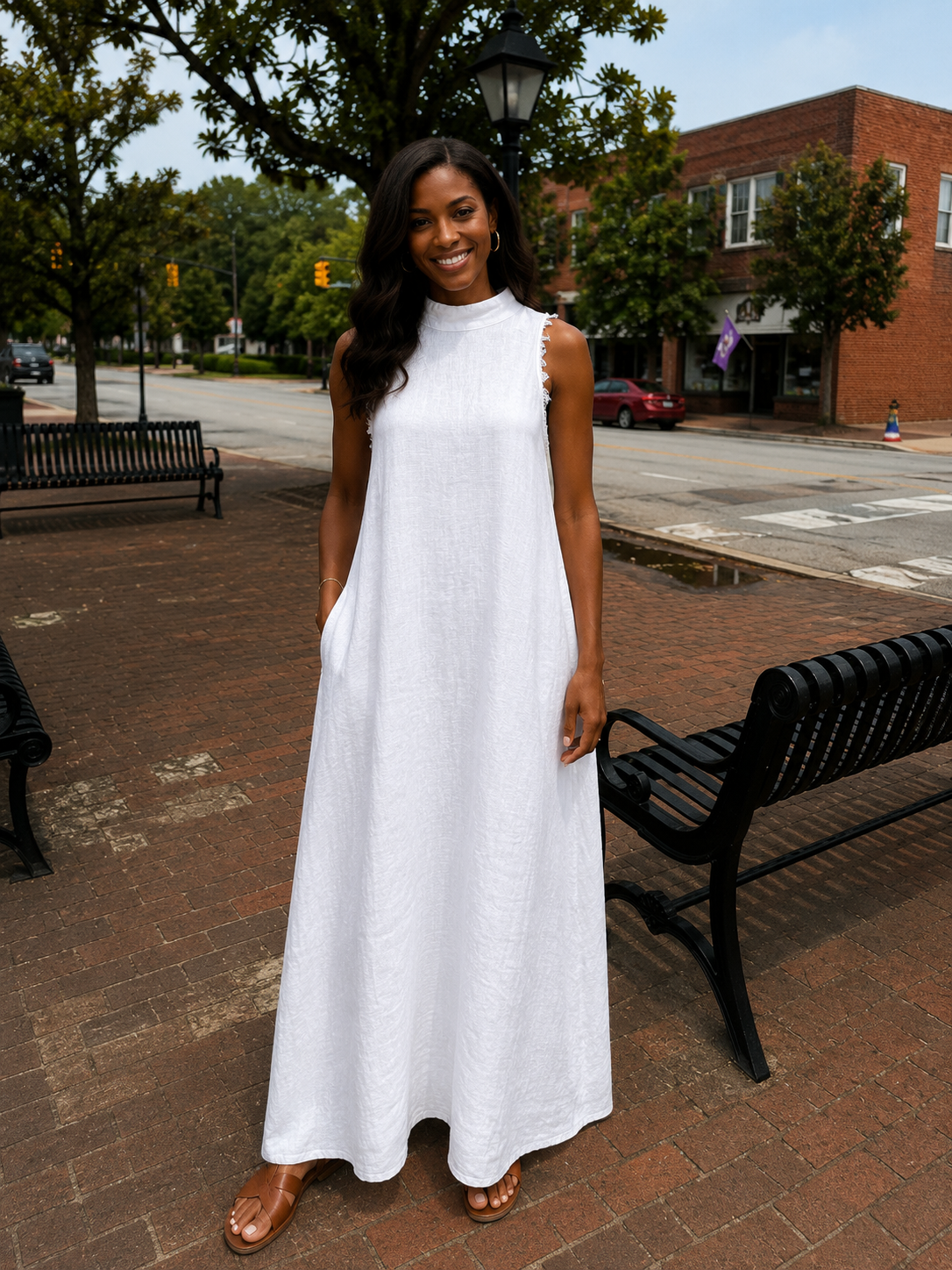 Linen Mock Maxi Dress, White