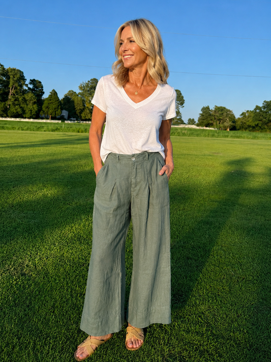 Linen Pleat Button Front Palazzo Pant, Army Green