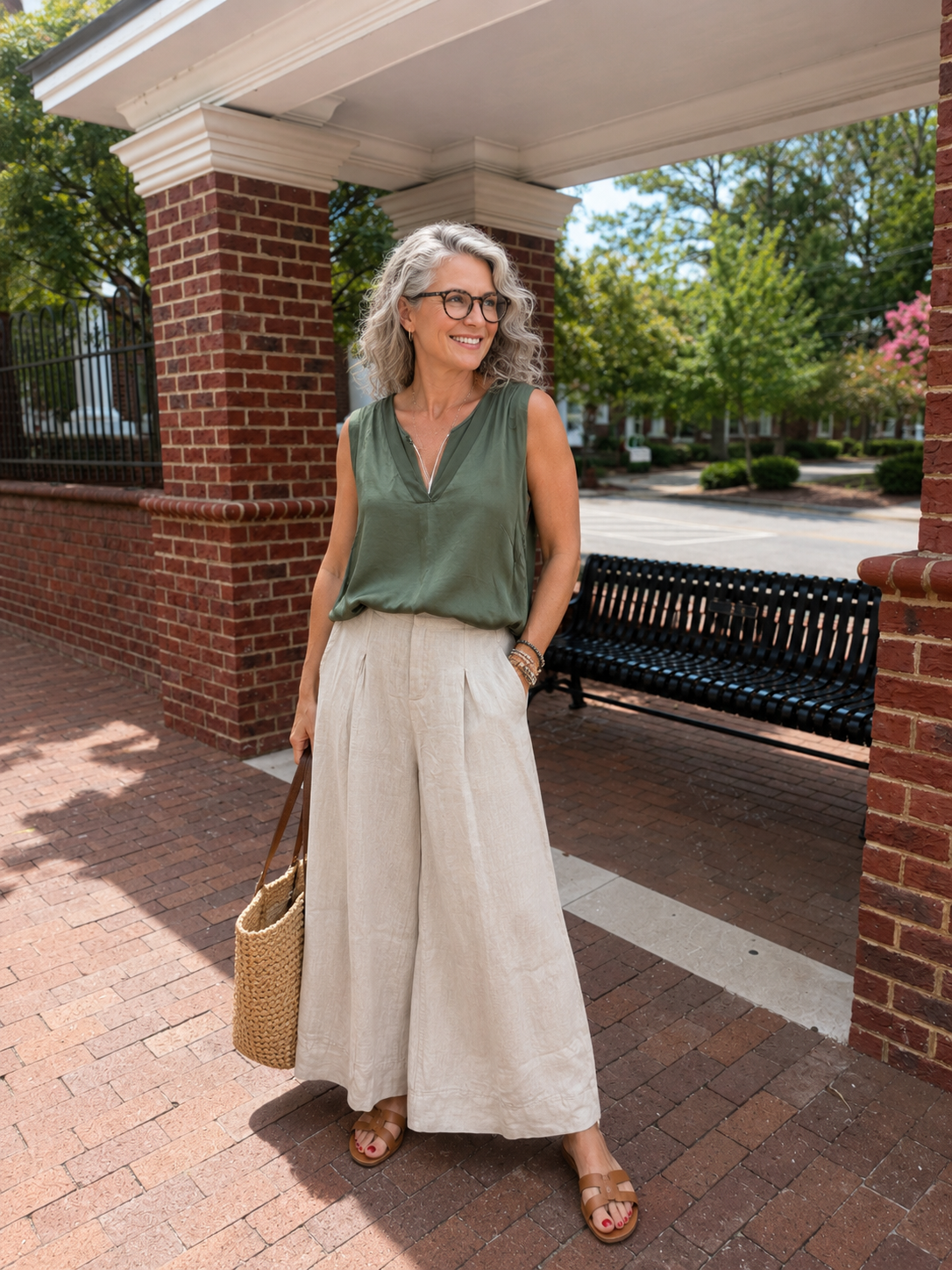 Linen Pleat Button Front Palazzo Pant, Beige