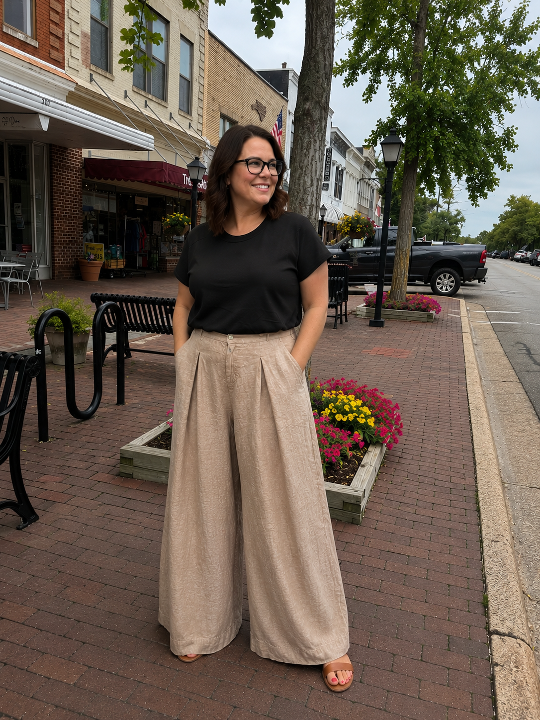 Linen Pleat Button Front Palazzo Pant, Camel